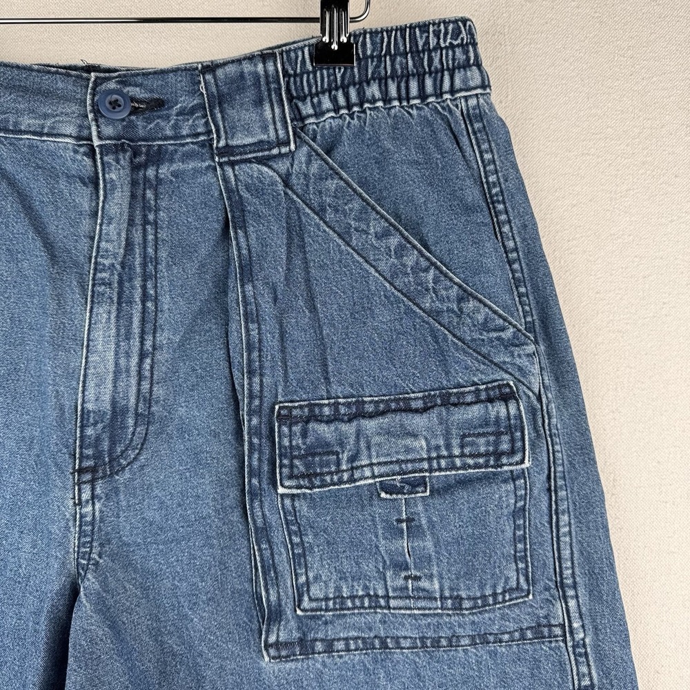 Vtg St. John's Bay Denim Cargo Safari Pocket Shorts Mens 34x6 Blue Elastic Waist - Picture 3 of 8